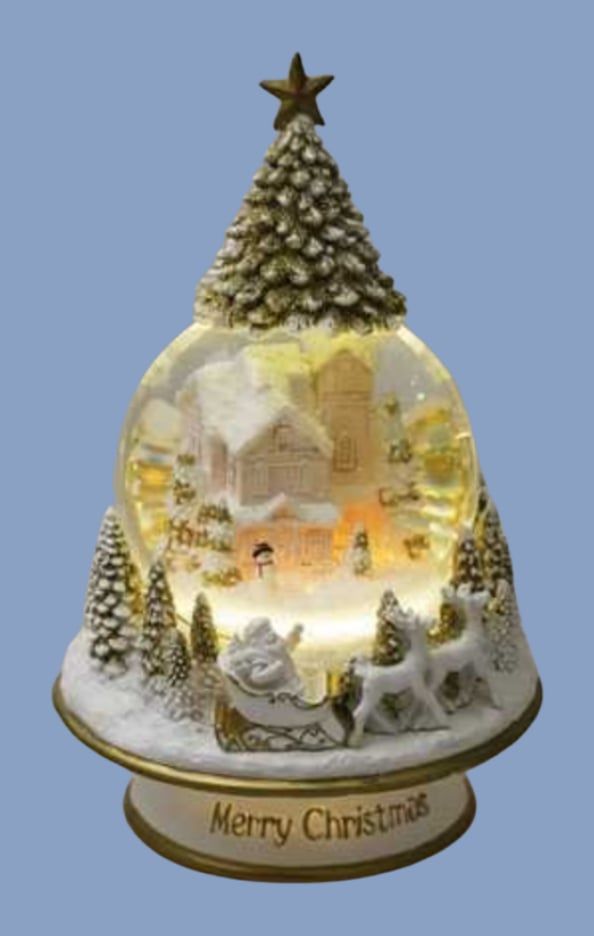 Glob de zăpadă în formă de brad, cu un sat de iarnă luminat înăuntru și inscripția Merry Christmas